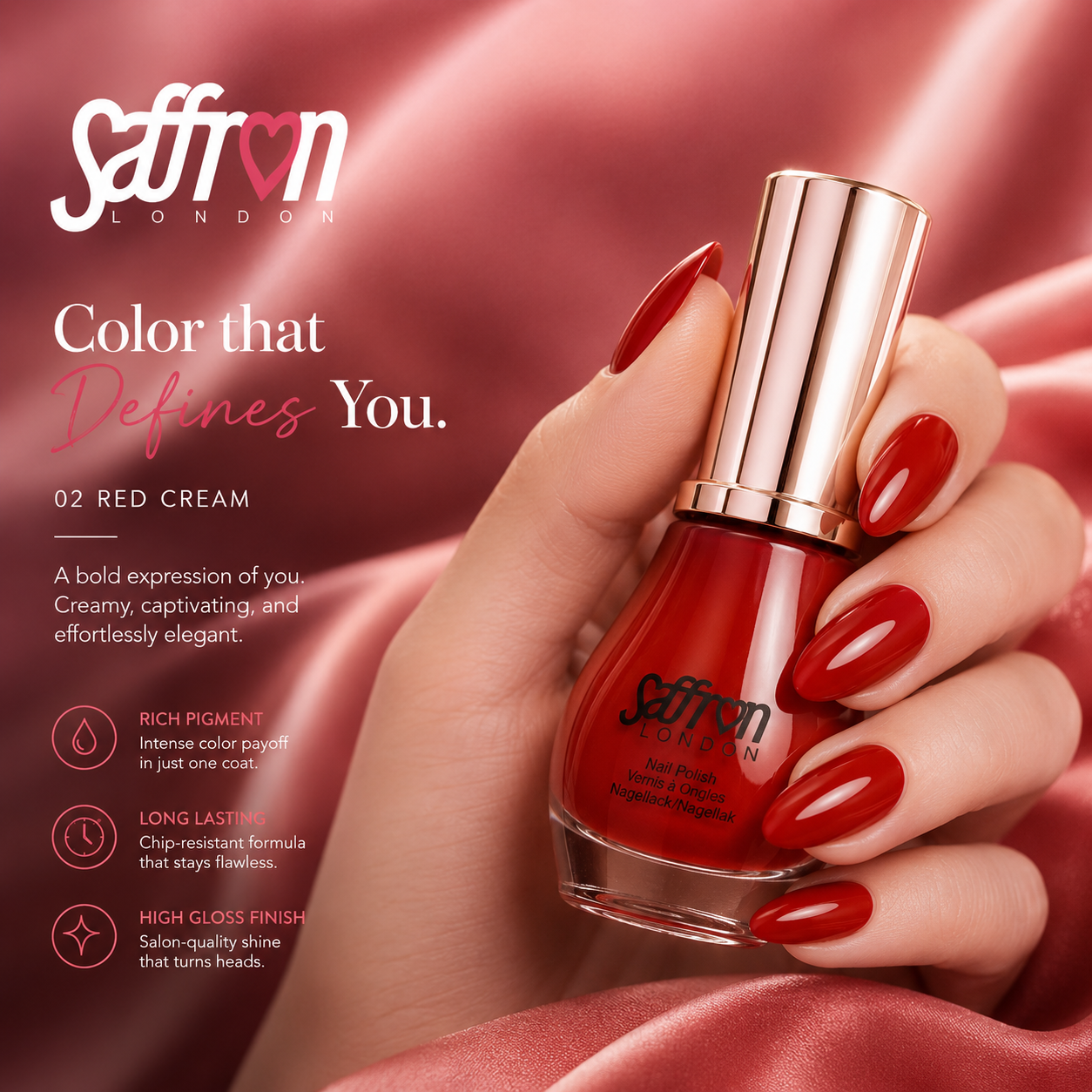 Saffron - Nail Polish #1013 (Colour 02 Red Cream) - Image 3