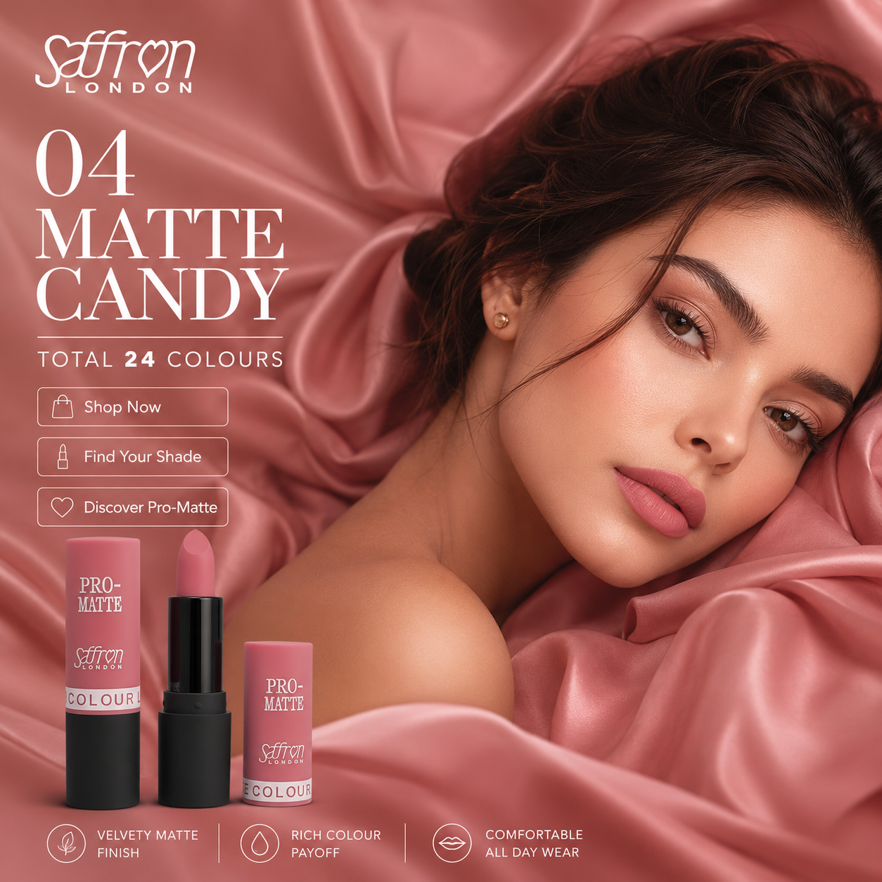 Saffron Pro Matte Lipstick #1301 (04 Matte Candy) - Image 3