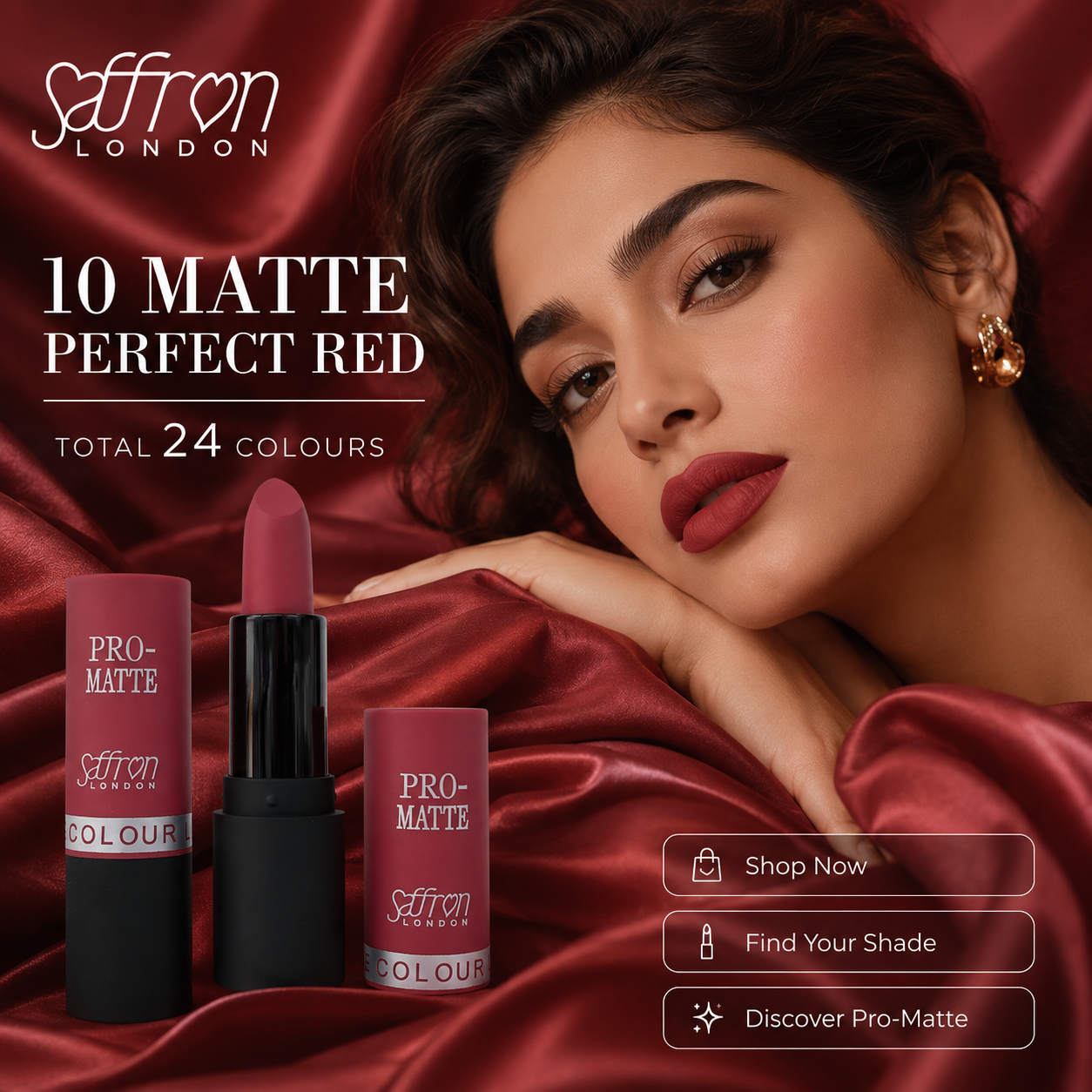 Saffron Pro Matte Lipstick #1301 (10 Matte Perfect Red) - Image 3