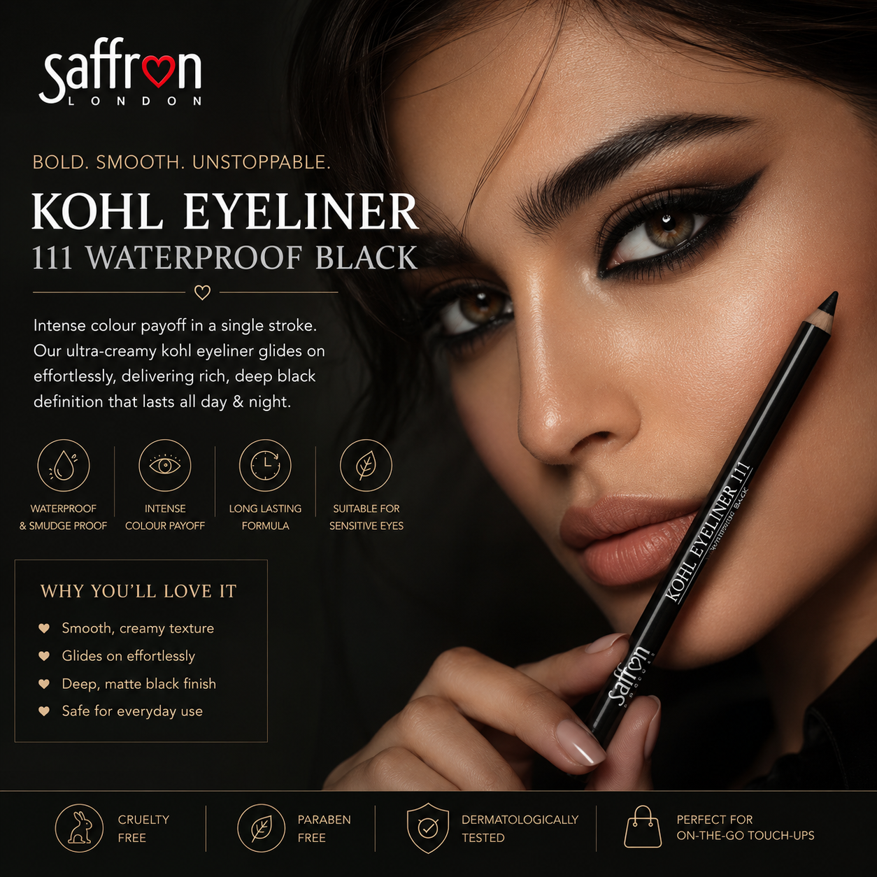 Saffron - Waterproof Kohl Eyeliner Pencil (111 Black) - Image 3