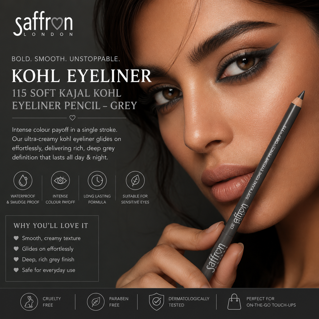 Saffron - Soft Kajal Kohl Eyeliner Pencil (115 Grey) - Image 2