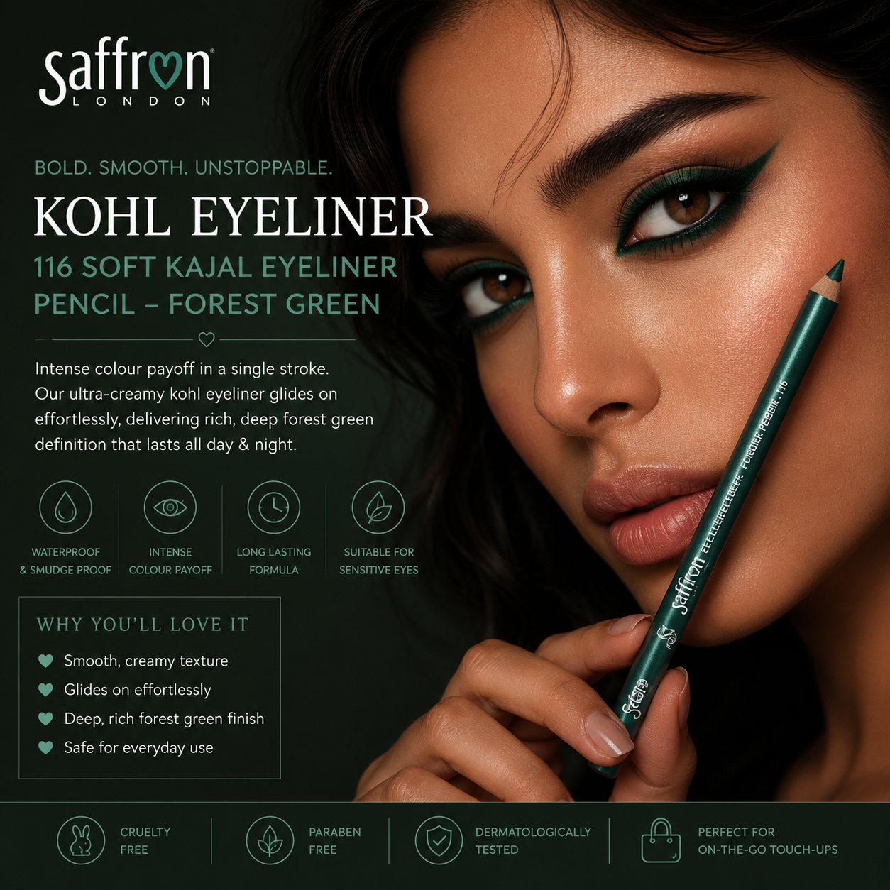 Saffron - Soft Kajal Kohl Eyeliner Pencil (116 Forest Green) - Image 2