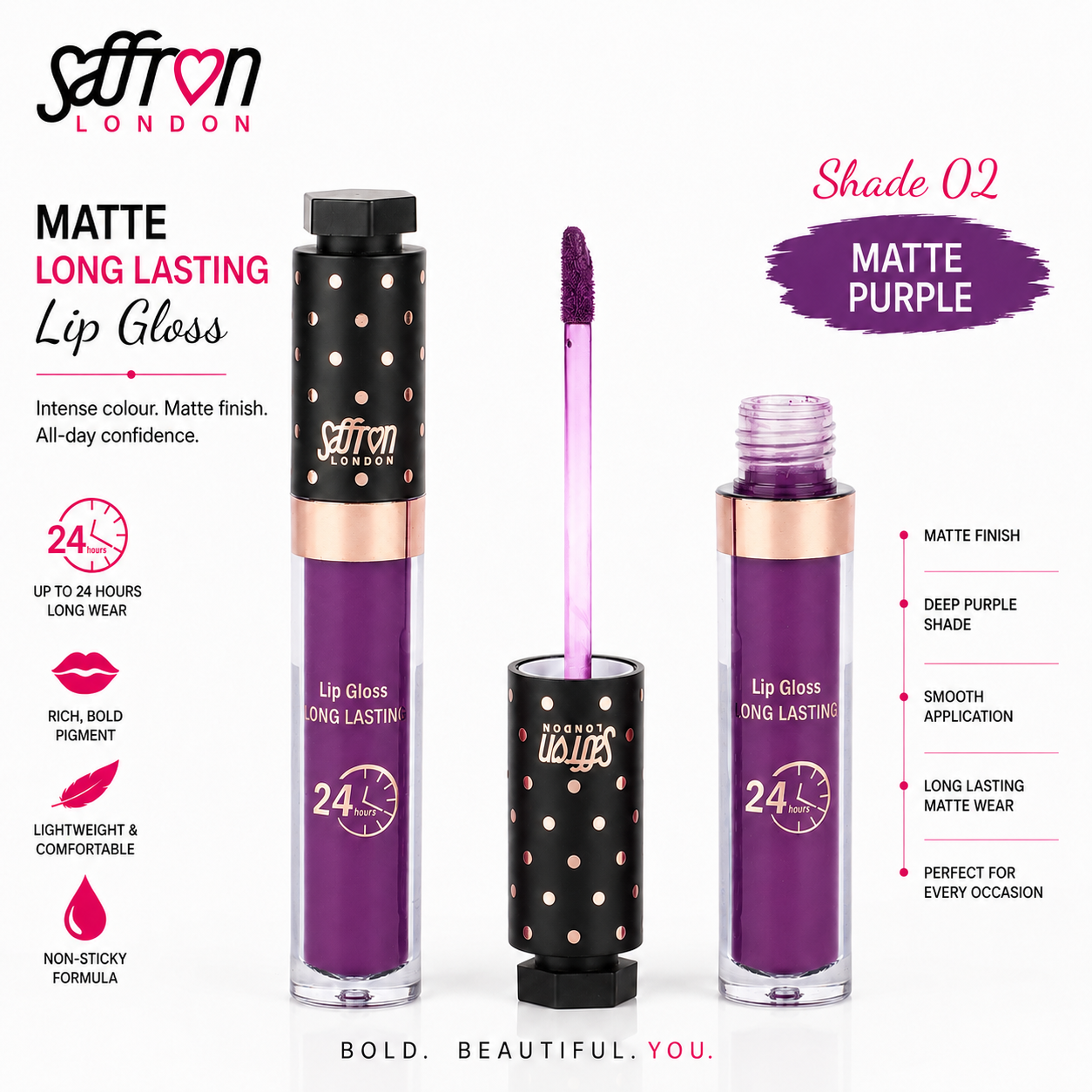 Saffron Long Lasting Matte Lip Gloss #8001 (02 Matte Purple) - Image 1