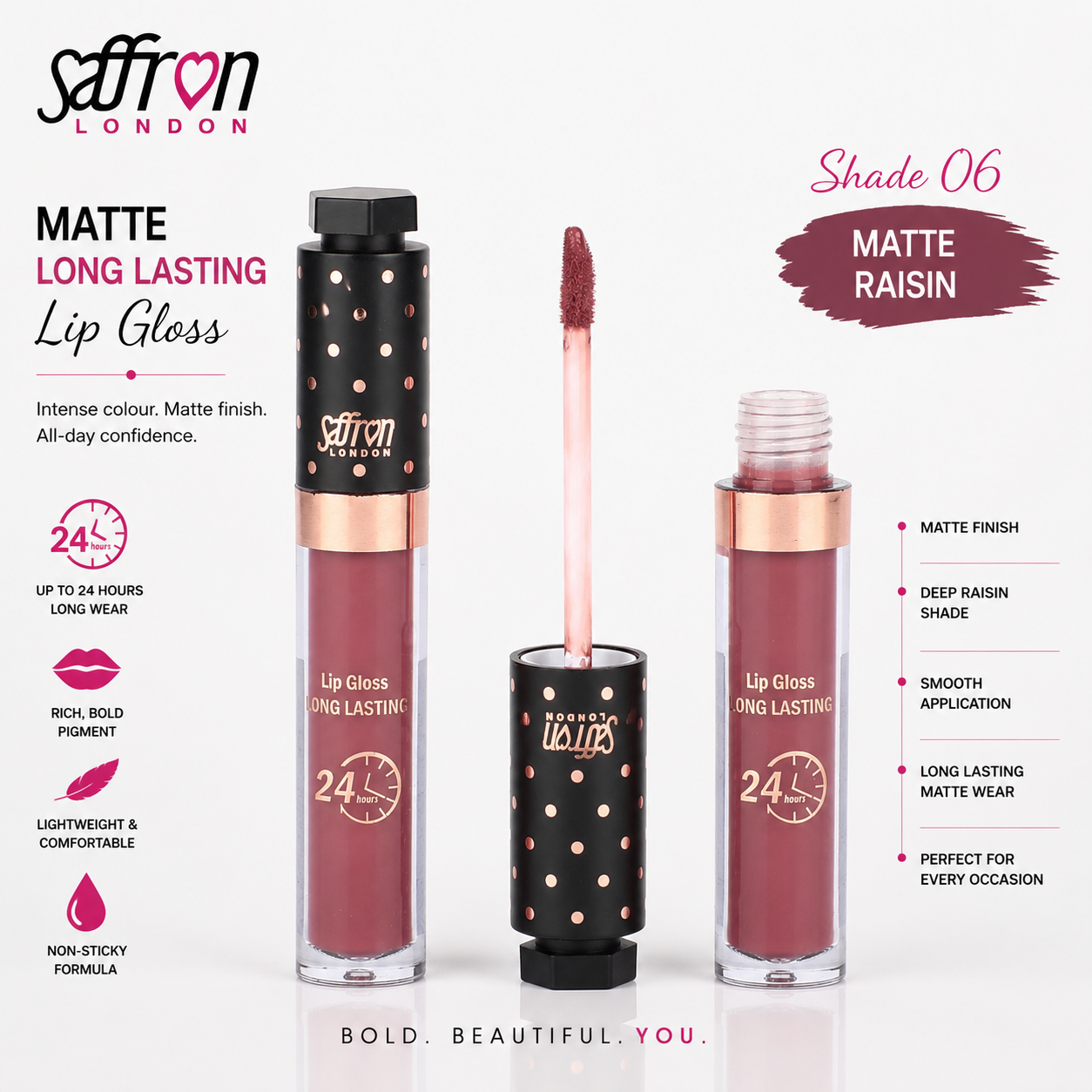 Saffron Long Lasting Matte Lip Gloss #8001 (06 Matte Raisin) - Image 1