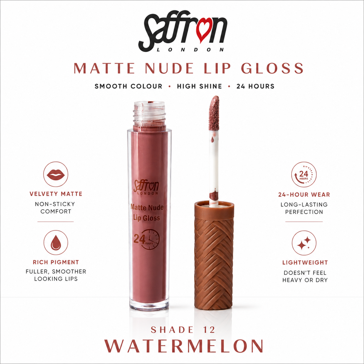 Saffron Matte Nude Colour Lip Gloss #8002 (12 Water Melon) - Image 2
