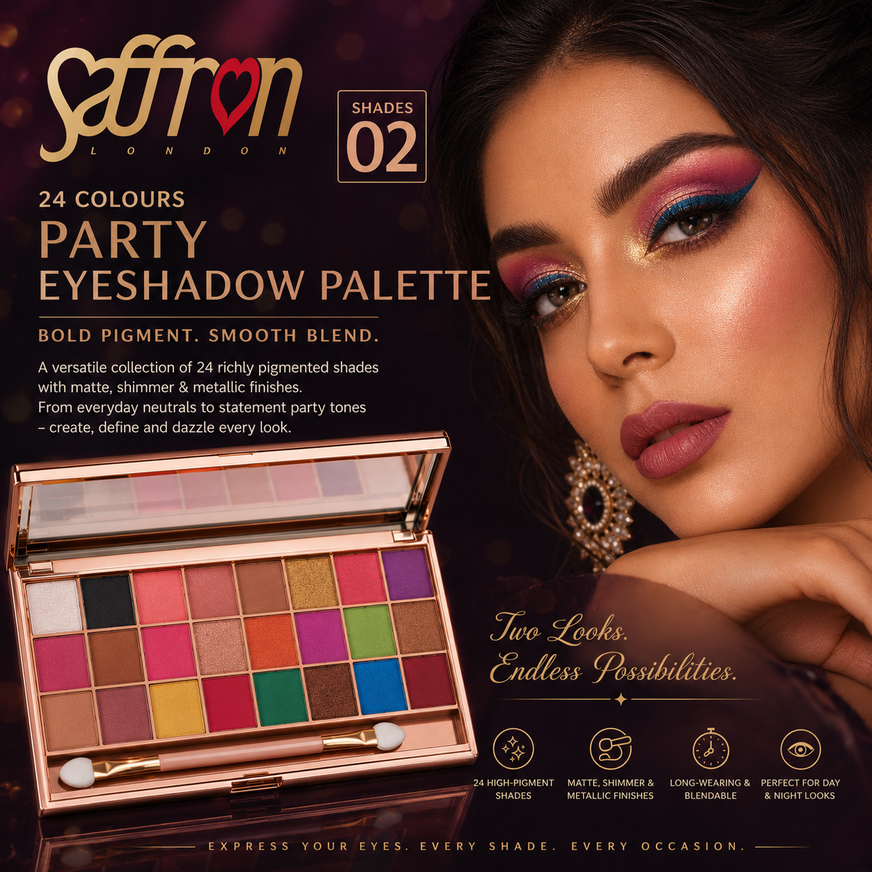 Saffron LONDON Party Eyeshadow Palette, 24 Colours, Matte and Shimmer (Pallette Colour 02) - Image 3
