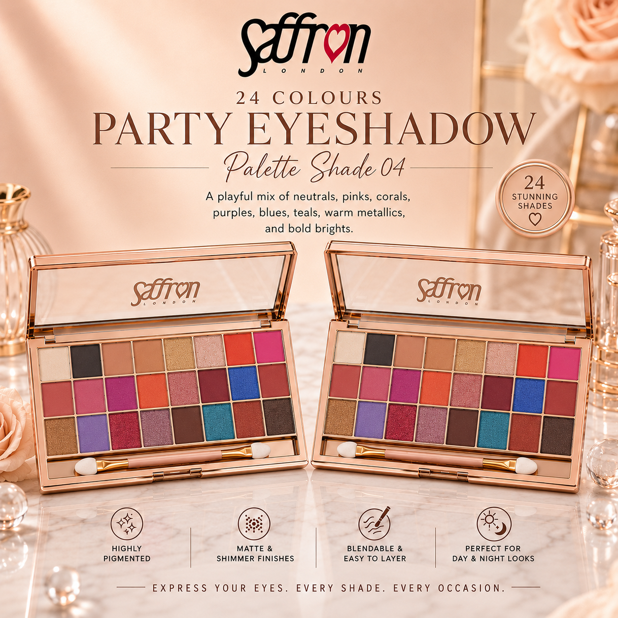Saffron LONDON Party Eyeshadow Palette, 24 Colours, Matte and Shimmer (Pallette Colour 04) - Image 3